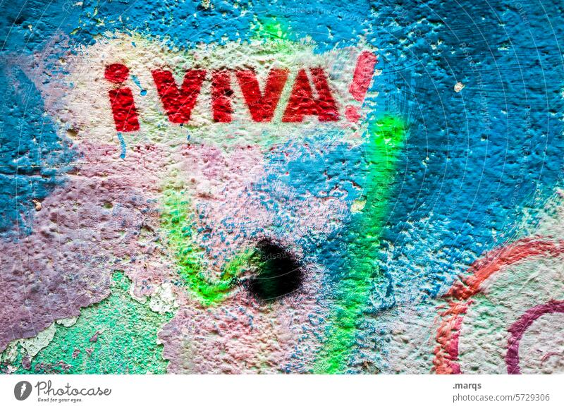 ¡VIVA! Wand Graffiti Leben Freude viva Spanisch Begeisterung positiv Erfolg Schriftzeichen Mauer Nahaufnahme Putz Straßenkunst hurra bunt Farbe Feste & Feiern