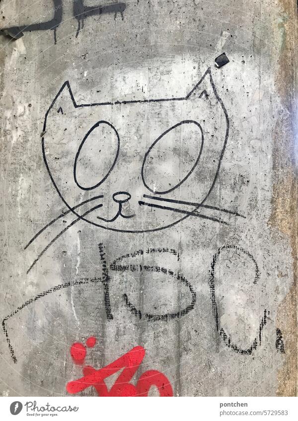 Streetart. Eine gezeichnete Katze und Schmierereien  auf einer Betonwand. zeichnung graffiti schmierei jugendkultur verboten katze grau rot betonwand freundlich