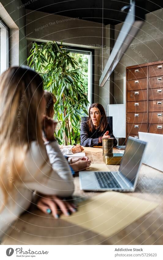 Frauen in einer Geschäftsbesprechung im modernen Büro Business Sitzung professionell Besprechung Zeitgenosse im Innenbereich Gespräch korporativ Teamwork