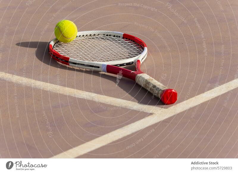 Tennisschläger und Ball auf dem Platz in Großaufnahme Remmidemmi Sandplatz Sport Nahaufnahme Gerät gelb rot weiß Textur im Freien Spiel Detailaufnahme