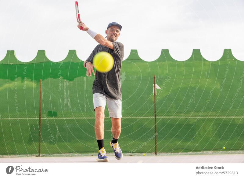 Mann spielt Tennis auf einem Platz im Freien und schaut weg Sport aktiv Gericht Spielen Aktion schlagend Ball Sportbekleidung Tennisschläger Tennisball