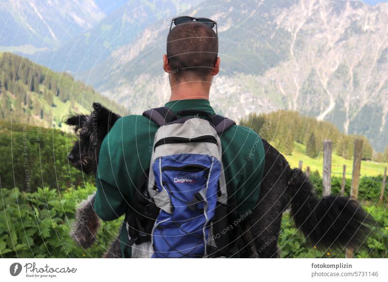 junger Mann trägt Hund in den Bergen Tierschutz Haustier Tierliebe helfen Person schwach Pflege tragen Hilfe Verantwortung müde kümmern Verbundenheit