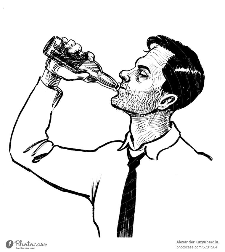 Alkoholiker Mann trinkt eine Flasche Bier. Hand gezeichnet retro gestylt Tinte schwarz und weiß Illustration alkoholisch berauscht Wein männlich Charakter