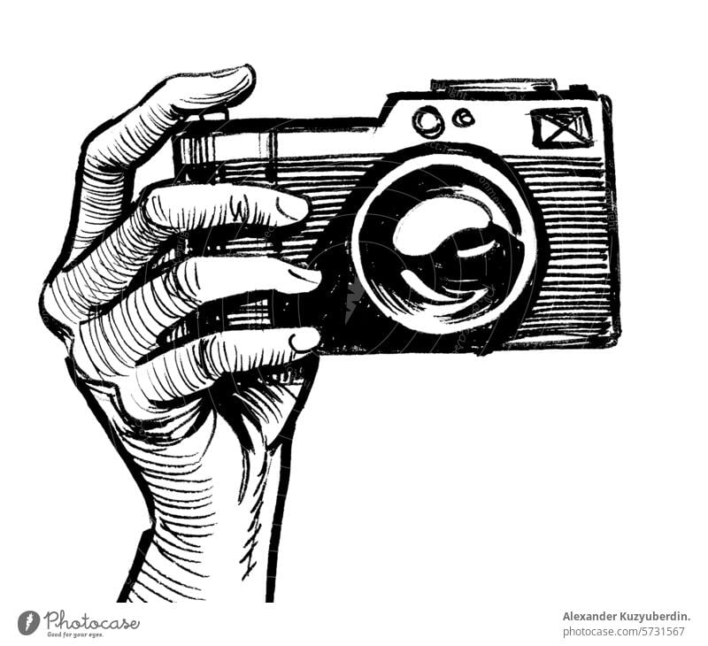 Hand hält alte Kamera Fotokamera Fotografie Beteiligung retro altehrwürdig Kunst Kunstwerk Zeichnung Skizze Tusche schwarz auf weiß Grafik u. Illustration