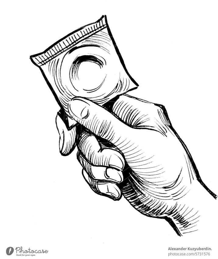 Hand hält ein Kondom. Hand gezeichnet Tinte schwarz und weiß Illustration Beteiligung Sex sicher Schutz Kunst Kunstwerk Zeichnung Skizze