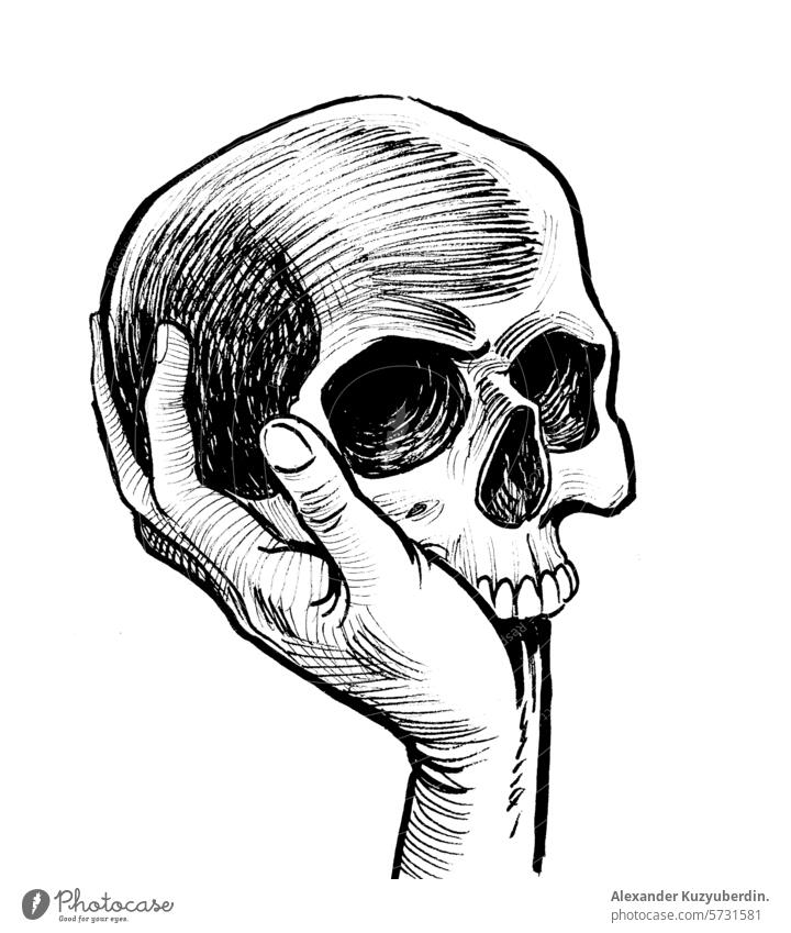 Hand hält einen menschlichen Schädel. Hand gezeichnet retro gestylt schwarz und weiß Zeichnung Weiler Kunst Kunstwerk Skizze Tusche