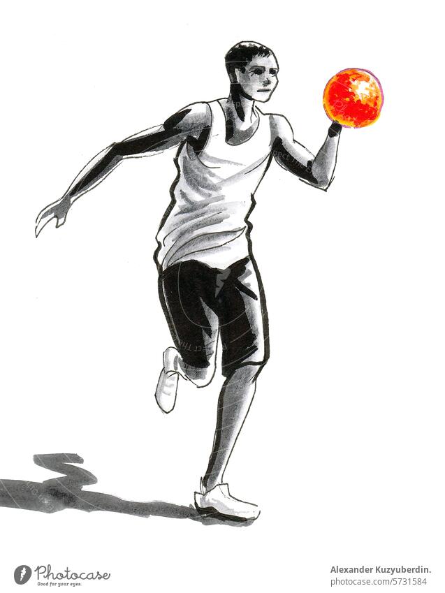 Basketballspieler mit einem Ball. Hand gezeichnet Tinte und Aquarell Skizze Spieler Spielen Sport Streichholz Mann Sportler Athlet Kunst Kunstwerk Zeichnung
