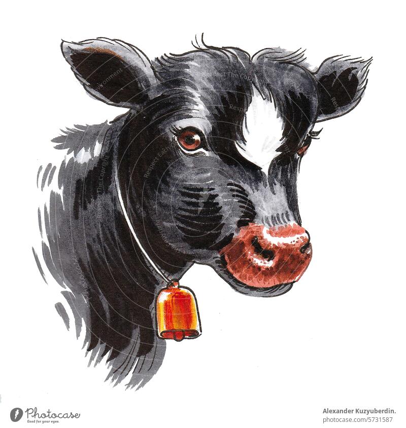 Junges Kuhkalb. Hand gezeichnet Tinte und Aquarell Skizze Wade Bulle Baby Rindfleisch Tier Bauernhof Molkerei Kunst Kunstwerk Wasserfarbe Malerei