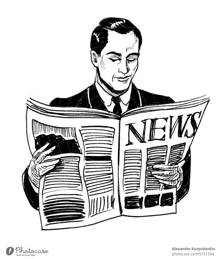 Mann im Anzug liest eine Zeitung. Hand gezeichnet Retro-Stil schwarz und weiß Tinte Zeichnung retro altehrwürdig Nachrichten lesen Business Geschäftsmann