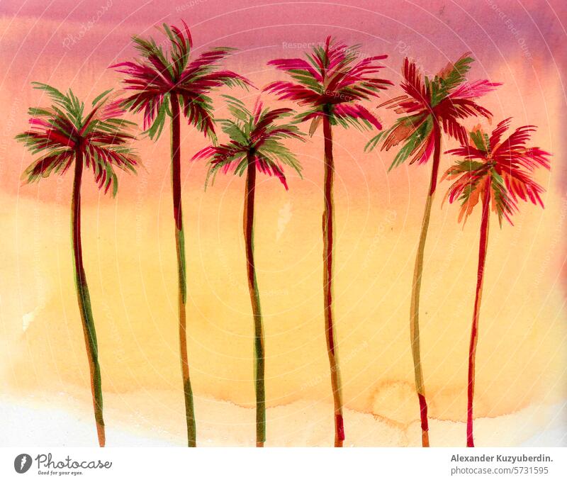 Palmen im Sonnenuntergang. Hand gezeichnet Aquarell Skizze Handfläche Handflächen Himmel tropisch Kunst Kunstwerk Wasserfarbe Malerei