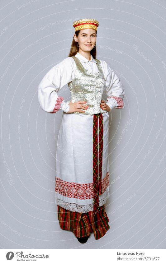 Am 11. März wird in Litauen der Unabhängigkeitstag gefeiert. In einem Studio sitzt ein wunderschönes brünettes Mädchen in einem litauischen Vintage-Outfit und strahlt vor Glück. Eine schöne Frau, die einen besonderen Tag für alle Litauer auf der ganzen Welt feiert!