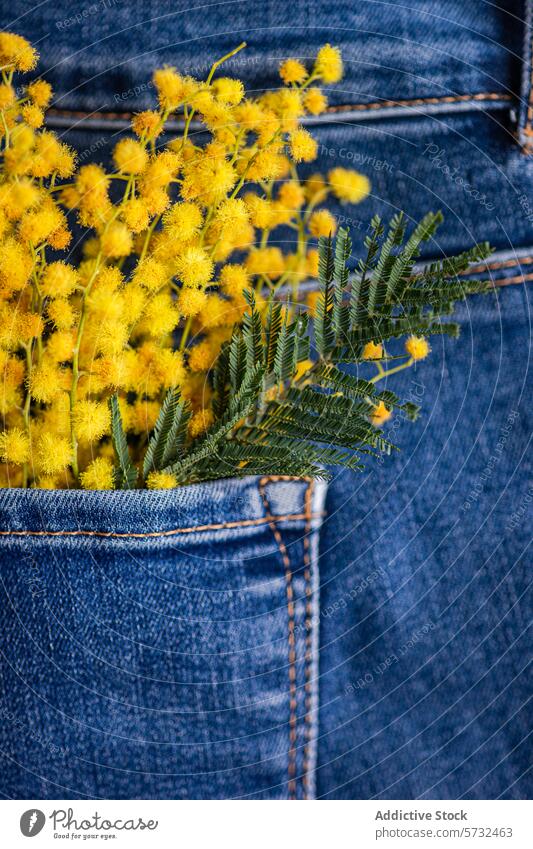 Mimosenblüten in der Jeanstasche versteckt Blume Jeansstoff Tasche gelb grün Blätter pulsierend Kontrast Gewebe Textil Jeanshose hell Nahaufnahme Flora Mode