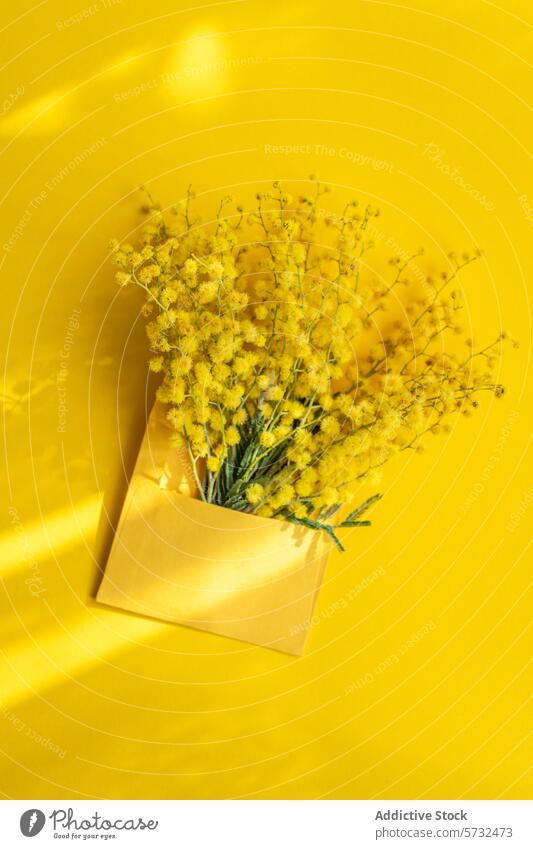 Lebendige Mimosenblüten in goldenem Umschlag auf gelbem Hintergrund Blume Kuvert hell pulsierend Frühling Wärme botanisch geblümt Natur Blütezeit Feier Farbe