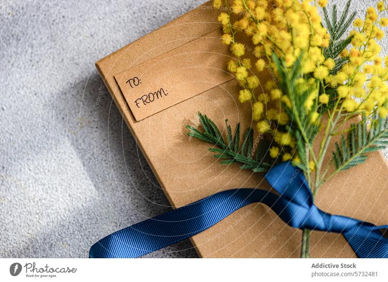 Elegantes Geschenkpaket mit Mimosenblüten Dekoration Paket Verpackung braunes Papier blaue Schleife gelbe Mimose Blumen leeres Etikett Personalisierung Handwerk