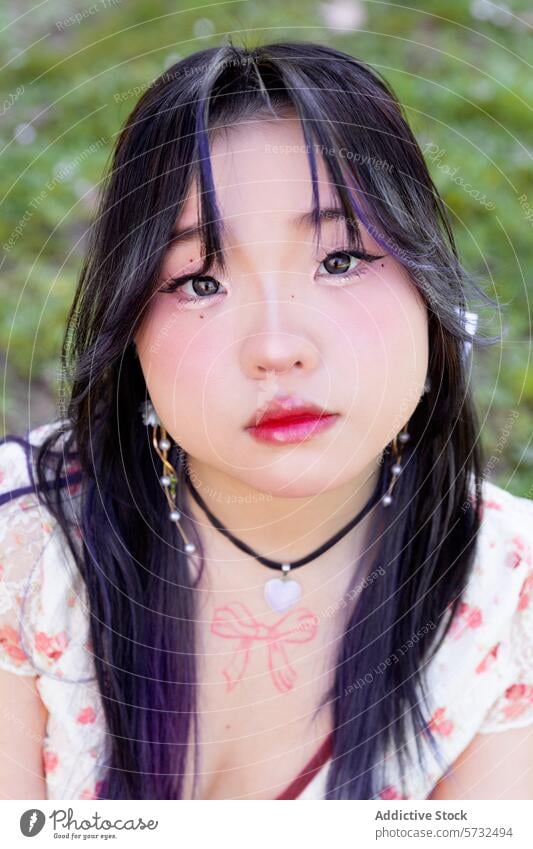 Nahaufnahme eines Porträts einer jungen asiatischen Chinesin Frau Chinesisch natürlich Hintergrund intensiv Starrer Blick Make-up Schönheit Mode Frisur