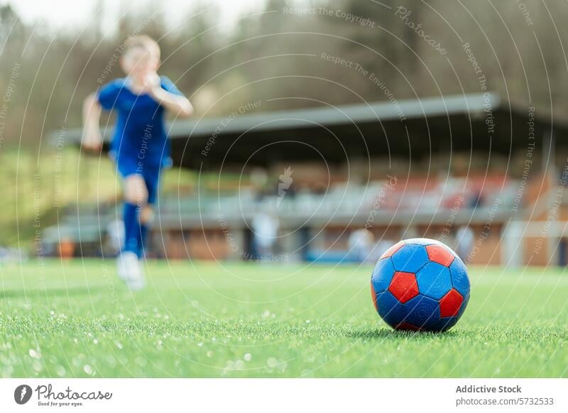 Jugendfußballspieler, der sich dem Ball auf dem Spielfeld nähert Fußball Spieler Sport Feld jung Aktivität rennen sich[Akk] nähernd Bewegung verschwommen