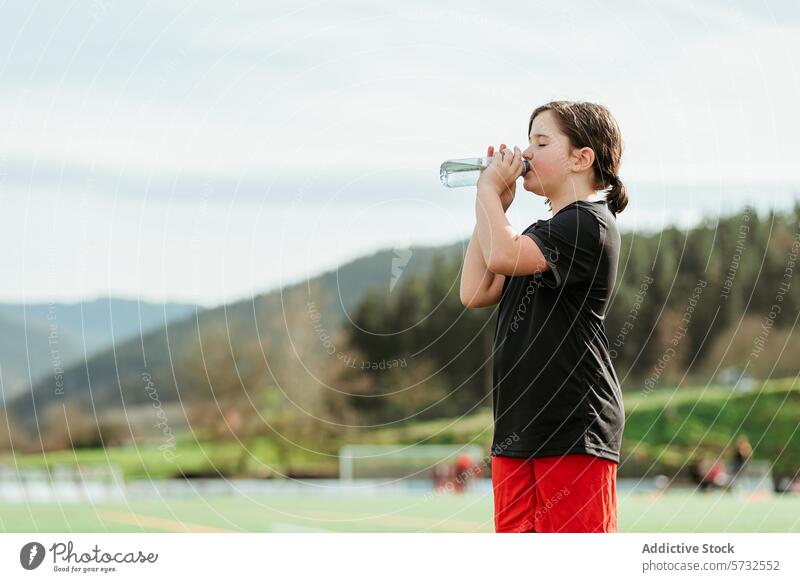 Junger Sportler trinkt Wasser auf einem sonnigen Feld Mädchen Athlet Hydratation Wasserflasche Pause jung aktiv Gesundheit Fitness Übung Training im Freien
