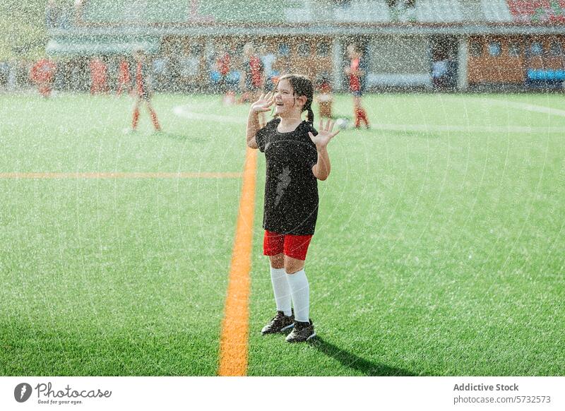Junger Fußballspieler genießt den Regen auf dem Spielfeld jung Mädchen Spieler Feld Sport Fröhlichkeit erfrischend kühlen Sommer Freizeit Spaß im Freien