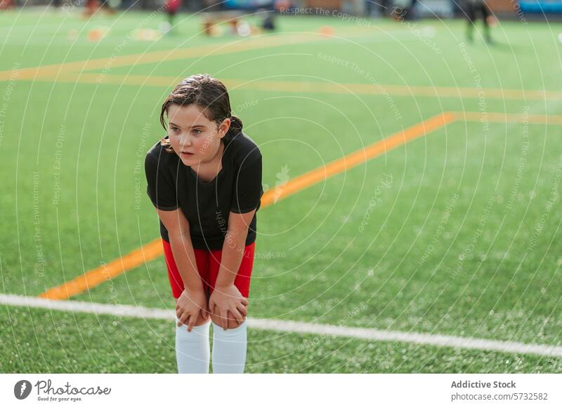 Junge Sportlerin beim Ausruhen auf einem Fußballfeld Mädchen Athlet Feld Pause üben fokussiert jung pulsierend grün im Freien Jugend aktiv Frau Erholung