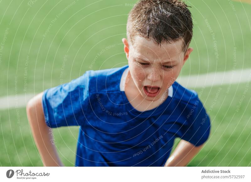Junge zeigt Entschlossenheit auf dem Sportplatz Tatkraft Schweiß blaues Hemd Jugend sportlich Konkurrenz Energie Intensität anstrengen Durchhaltevermögen Sommer