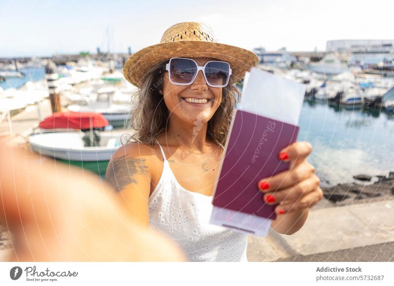 Glückliche Frau genießt Wochenendausflug im Jachthafen Flucht Wochenende heiter Reisepass reisen Sonnenbrille Hut Strohhut Urlaub Freude Lächeln Boot Sommer