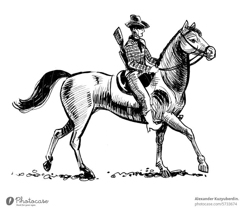 Cowboy reitet ein Pferd. Handgezeichnete Illustration im Retro-Stil Reiten Westen Kunst Kunstwerk Zeichnung Skizze Tusche schwarz auf weiß