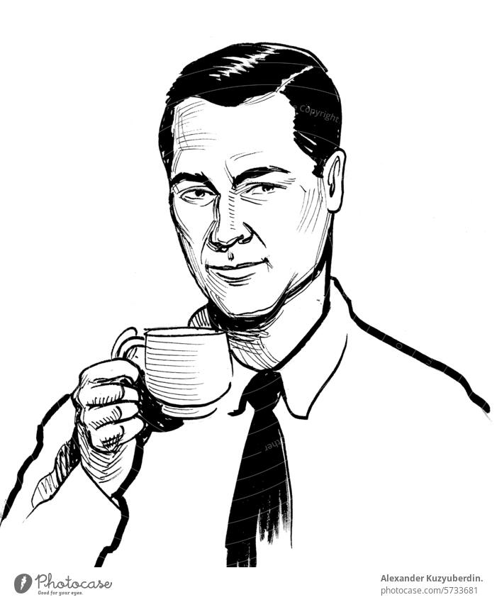 Mann trinkt eine Tasse Kaffee. Hand gezeichnet Retro-Stil Illustration trinken männlich retro altehrwürdig Kunst Kunstwerk Zeichnung Skizze