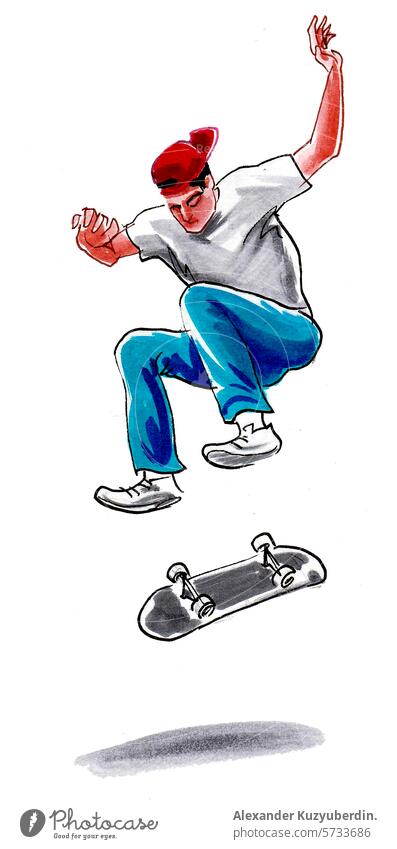 Junger Mann auf Skateboard. Hand gezeichnet Retro-Stil Illustration Schlittschuhlaufen Sport Aktivität Freizeit Kunst Kunstwerk Zeichnung Skizze