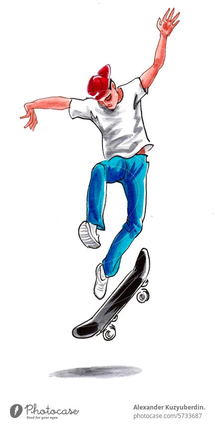Junger Mann auf Skateboard. Hand gezeichnet Retro-Stil Illustration Skateboarding Schlittschuhlaufen Sport Aktivität urban Kunst Kunstwerk Zeichnung Skizze