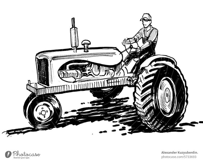 Landwirt auf Retro-Traktor. Hand gezeichnet retro gestylte Illustration tarctor Landwirtschaft altehrwürdig Kunst Kunstwerk Zeichnung Skizze Tusche Cliparts