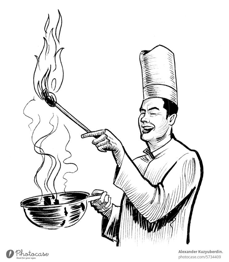 Asiatischer Restaurantkoch kocht Mahlzeit. Hand gezeichnet Retro-Stil Illustration Asiatische Küche Küchenchef Koch Essen zubereiten Gaststätte professionell