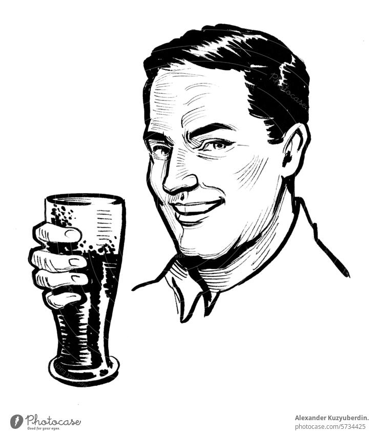 Glücklicher Mann trinkt ein Glas Bier. Hand gezeichnet Retro-Stil Illustration trinken Alkohol Charakter männlich Person retro altehrwürdig Gesicht Porträt