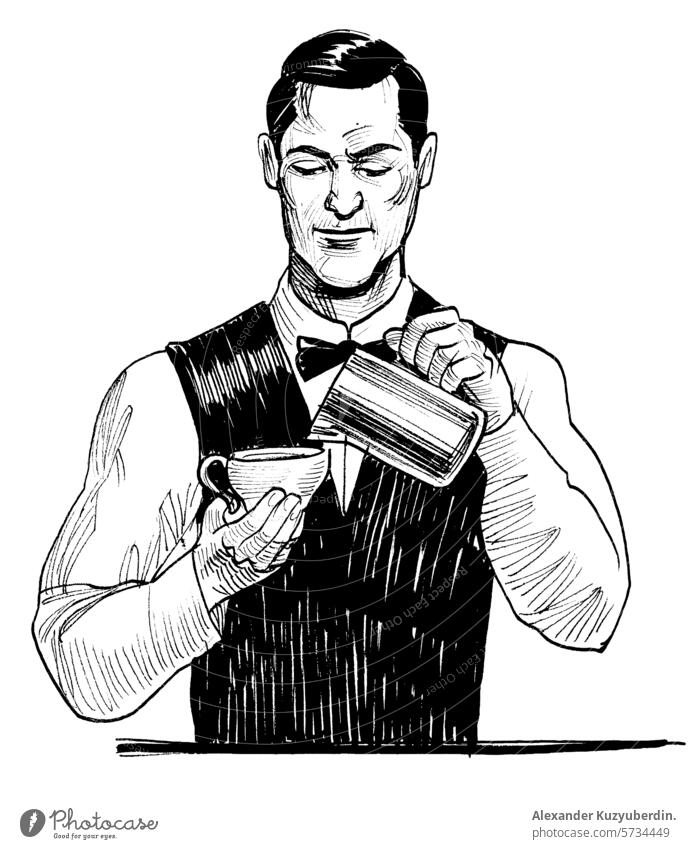 Barista macht Cappuccino. Handgezeichnete Illustration im Retro-Stil Kaffee machen Cappuccinio Latte Mokka Kaffeehaus Mann männlich Charakter arbeiten retro