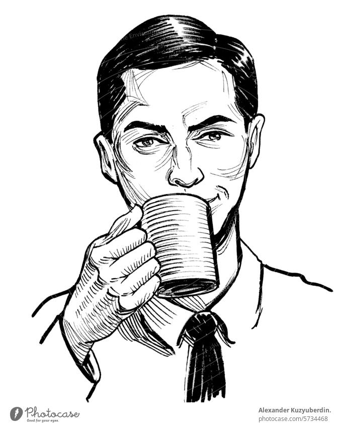 Mann trinkt Tee aus einem Becher. Handgezeichnete Illustration im Retro-Stil Kaffee Tasse trinken Getränk männlich Charakter Person Karikatur retro altehrwürdig