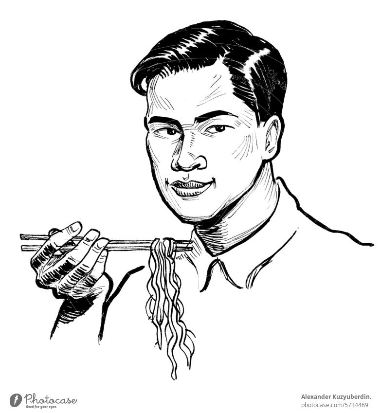 Asiatischer Mann isst Nudeln mit Stäbchen. Handgezeichnete Illustration im Retro-Stil Essstäbchen Essen Chinesisch asiatisch Küche Lebensmittel Fastfood