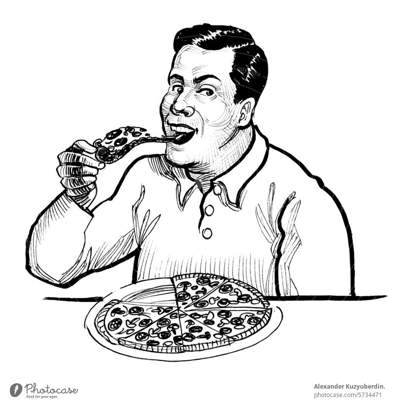 Mann isst Pizza. Hand gezeichnet Retro-Stil Illustration Essen männlich Charakter Karikatur Zeichnung Skizze retro altehrwürdig