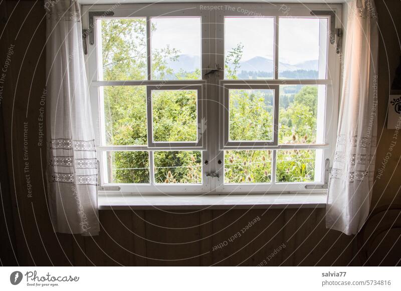 Zimmer mit Ausblick Fenster Sprossenfenster Rahmen Fensterrahmen Landschaft Haus Fensterscheibe alt Licht Glas Glasscheibe Menschenleer Farbfoto Holz Gebäude