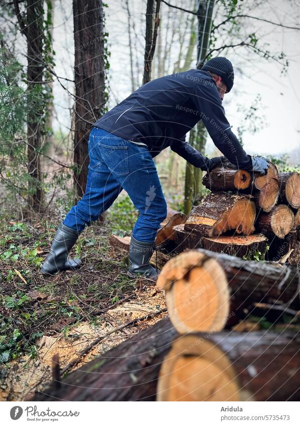 Mann stapelt Holz im Garten Abholzung Baum Nutzholz Stapel Jahresringe Baumscheibe geschnitten braun Struktur Rinde Baumrinde gestapelt Haus arbeiten