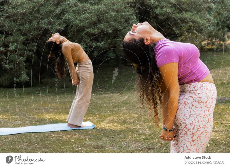 Zwei Frauen führen synchronisierte Rückbeugen aus, um ihre Flexibilität in der beruhigenden Umarmung der Natur zu verbessern Yoga Backend im Freien Ruhe Pose