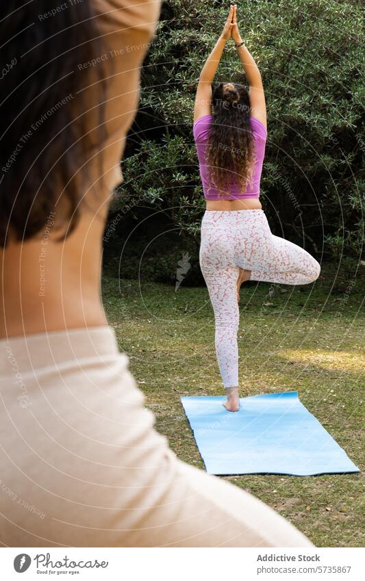 Eine anonyme Frau übt die Baumhaltung beim Yoga und findet das Gleichgewicht auf ihrer Matte in einer friedlichen natürlichen Umgebung, während eine andere sie beobachtet