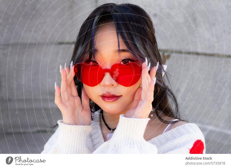 Chinesisches Gen-Z-Mädchen mit trendiger herzförmiger Sonnenbrille Model trendy Stil Zeitgenosse jung Erwachsener Frau Porträt Straßenkleidung Pose pulsierend