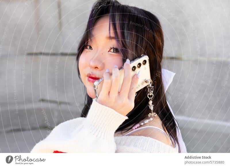 Stilvolles chinesisches Gen-Z-Mädchen posiert mit Smartphone Generation z Chinesisch Model trendy Jugend stylisch urban Accessoire posierend modern Lifestyle