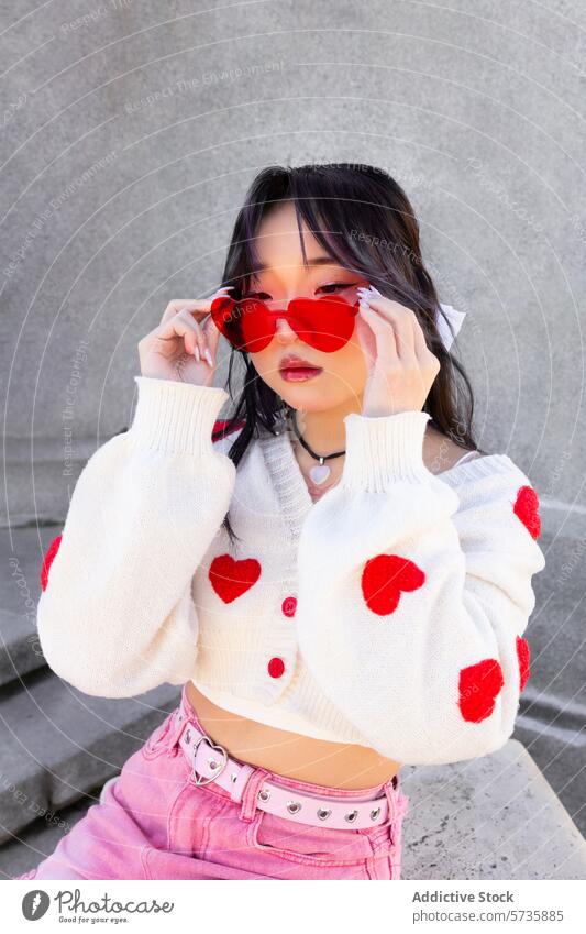 Modisches Gen-Z-Mädchen mit herzförmiger Sonnenbrille Chinesisch jung Frau Model trendy Strickjacke Motiv lässig Stil cool Jugend modern Straßenkleidung schick