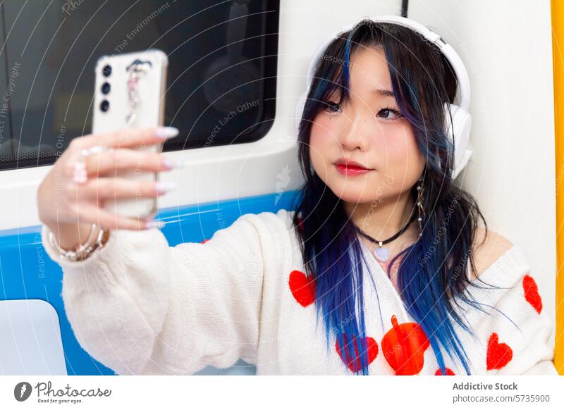 Trendiges chinesisches Gen-Z-Mädchen macht ein Selfie mit ihrem Smartphone stylisch Kopfhörer Öffentlich Transit blaue Haare Mode Jugend soziale Netzwerke