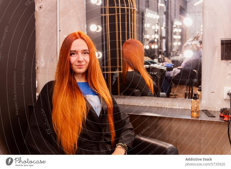 Frau mit langen roten Haaren sitzt in einem Friseursalon rote Haare Sitzen Schönheit Haarpflege Frisur Klient Spiegel Lächeln Friseurstuhl