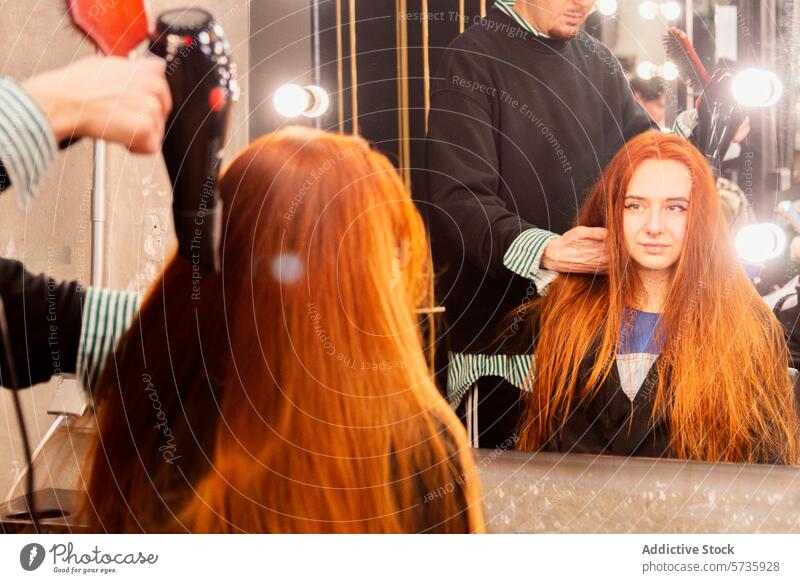 Friseurin bei der Arbeit am Haar eines Kunden im Salon Klient Behaarung Spiegel Föhn jung Frau rote Haare lange Haare Haarpflege professionell Pflege Schönheit