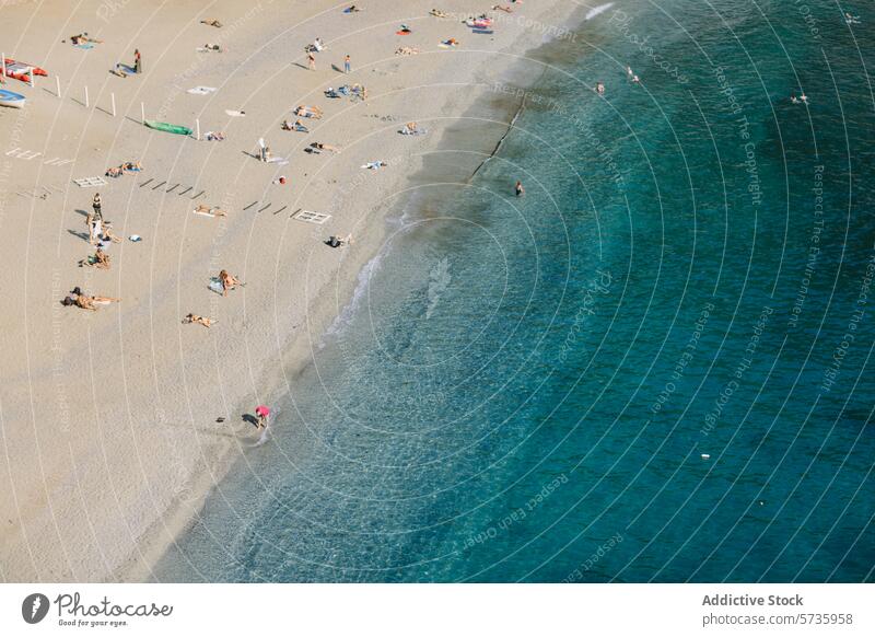 Luftaufnahme von Strandbesuchern an einem sonnigen Tag Antenne Ansicht Menschen Sonnenbad Schwimmsport Sand Wasser übersichtlich blau MEER Meer Ufer Küstenlinie