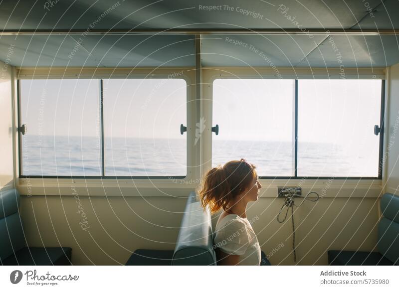 Frau blickt aus einer Kabine auf das Meer MEER Fenster Sonnenlicht Kontemplation Starrer Blick Ansicht reisen Reise Gelassenheit Windstille Selbstbeobachtung