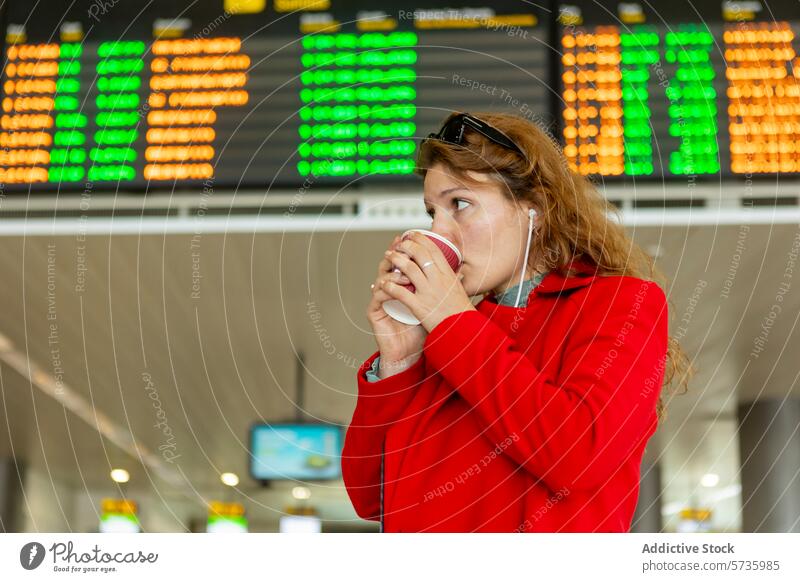 Reisende mit Kaffee an der Fluginformationstafel im Flughafen Frau trinken reisen Information Holzplatte Warten rot Mantel Reisender jung Erwachsener Abheben