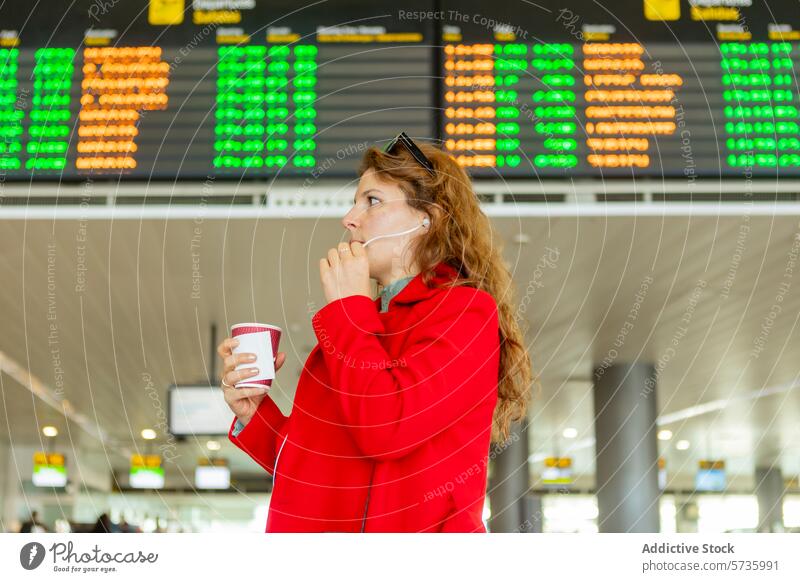 Frau in Rot prüft Fluginformationen am Flughafen Abfahrtstafel Roter Mantel Getränk Kaffee Kopfhörer Beteiligung Stehen im Innenbereich reisen Reisender